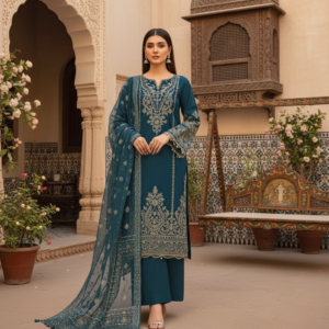 A girl wear Royal Embroidered karandi majesty 3-PC Suit