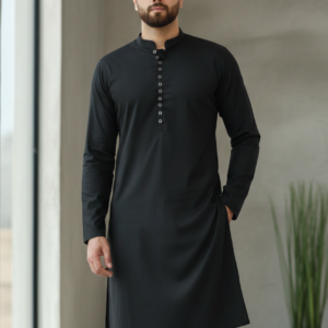Modern men's solid black slim-fit kurta with designer button placket and mandarin collar